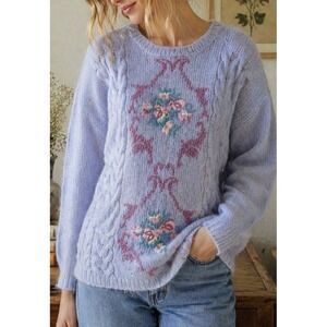 Vtg Studio by Michelle Stuart Mohair Blend Sweater Floral Knit Cottagecore Large
